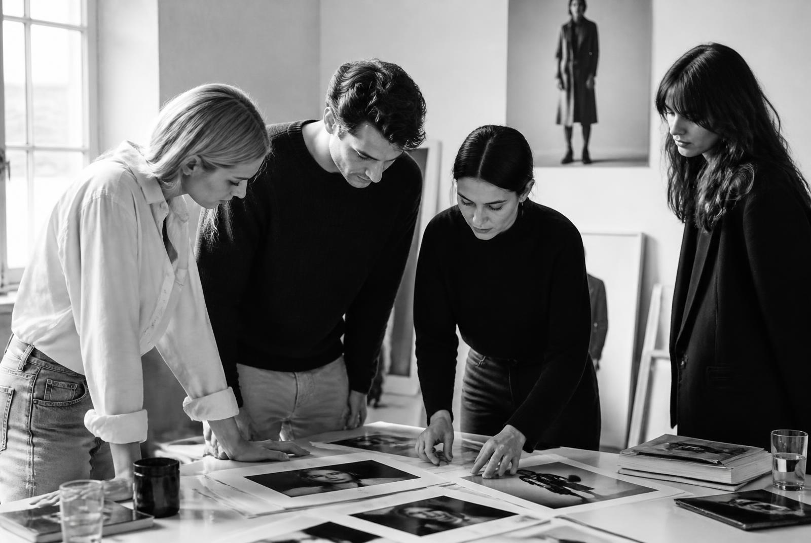 Creative team reviewing editorial prints in a studio